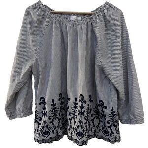 Time & Tru Womans Embroidered Hem Tunic Top Size XL Striped Boho Elastic Neck